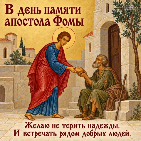 Открытка «День памяти апостола Фомы, апостол Фома дает хлеб нищему» — День памяти святого апостола Фомы
