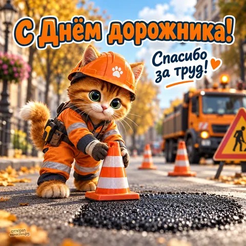 Открытка «С днём дорожника, котёнок дорожник на осенней улице» — День работников дорожного хозяйства