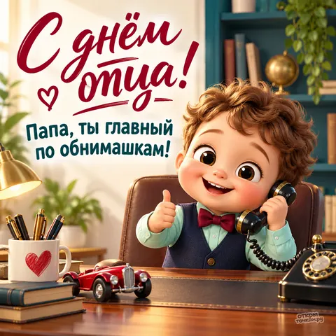 Открытка «С днём отца, малыш за рабочим столом поздравляет папу»