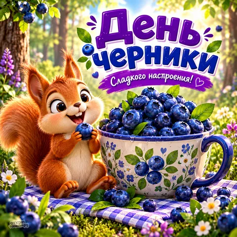Открытка «День чёрники, сладкого настроения, белка и чашка»