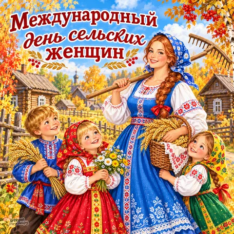 Открытка «С международным днём сельских женщин, женщина с детьми»