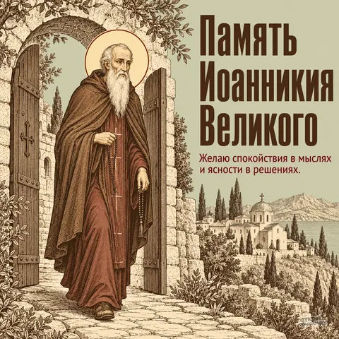 Открытка «День памяти преподобного Иоанникия Великого, гравюра у ворот монастыря у моря»