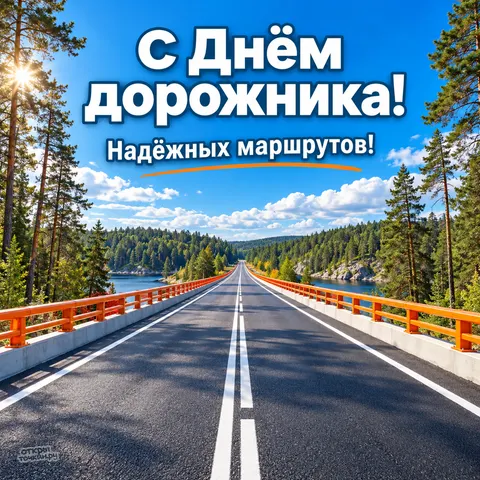 Открытка «С днём дорожника, мост через реку в хвойном лесу» — День работников дорожного хозяйства