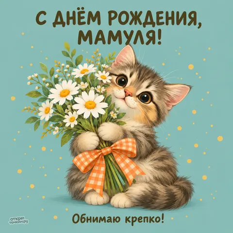 Открытка «Котик с цветами, с днём рождения, мамуля»