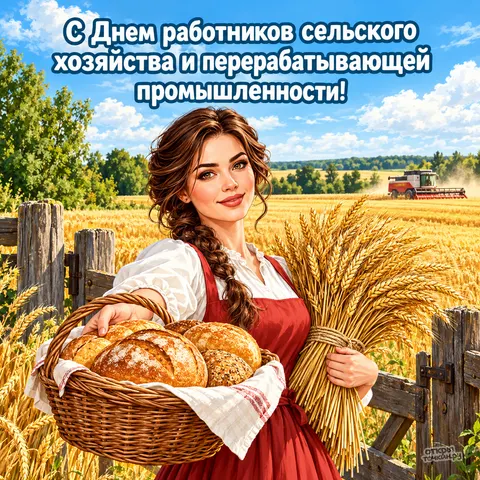 Открытка «День сельского хозяйства, женщина с хлебом и колосьями» — День работника сельского хозяйства и перерабатывающей промышленности