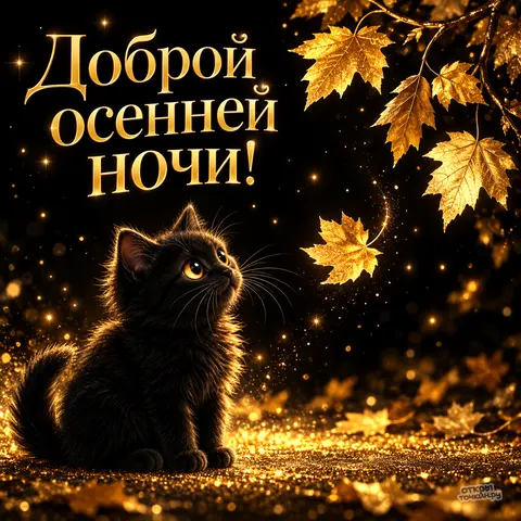 Открытка «Доброй осенней ночи» — чёрный котёнок