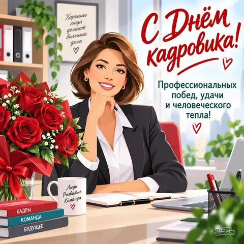 Открытка «С днём кадровика, девушка за столом с розами» — День кадрового работника в России