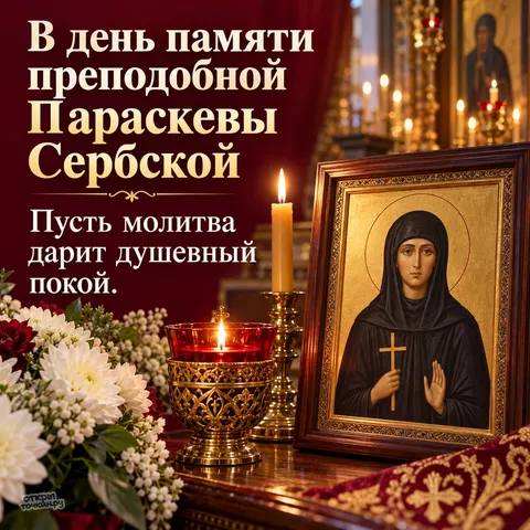 Открытка «День памяти Параскевы Сербской, икона со свечой и красной лампадой, хризантемы, пусть молитва дарит душевный покой» — День памяти преподобной Параскевы Сербской