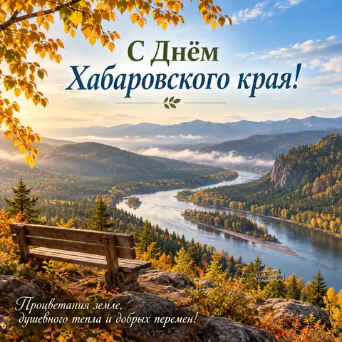 Открытка «День Хабаровского края, деревянная скамейка над туманной осенней рекой»
