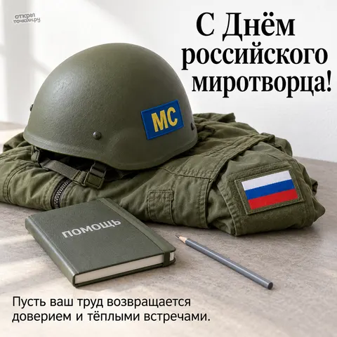 Открытка «День российского миротворца, каска мс блокнот помощь и форма на столе»