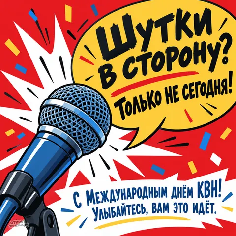 Открытка «Международный день КВН, комикс микрофон и речевой пузырь про шутки»