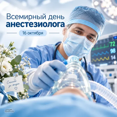 Открытка «Всемирный день анестезиолога-реаниматолога, врач с маской, букет и надпись спасибо за жизнь»