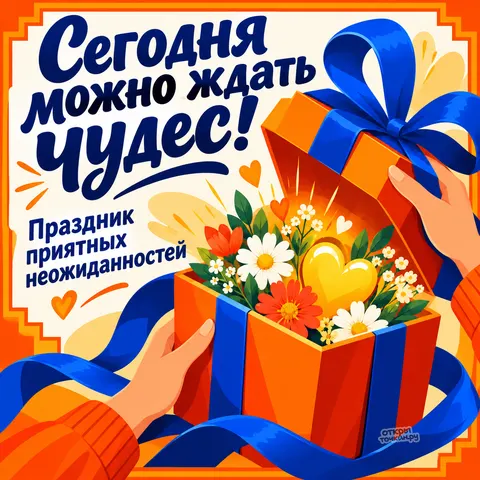 Открытка «Праздник приятных неожиданностей, оранжевая коробка с цветами сияющим сердцем и синей лентой»