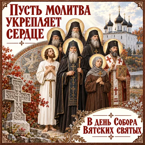 Открытка «Собор Вятских святых, пусть молитва укрепляет сердце, каменный крест в осенней листве у храма»