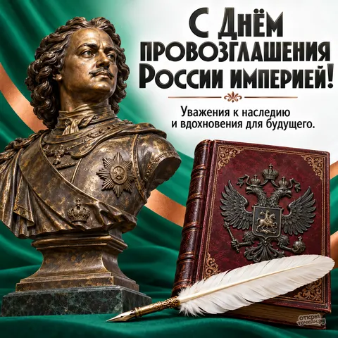 Открытка «День провозглашения Российской империи, бронзовый бюст, красная книга с орлом и белое перо на зелени»