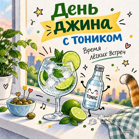 Открытка «Международный день джина с тоником, иллюстрация на подоконнике с оливками и хвостом кота»