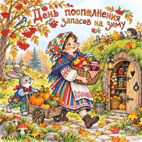 Открытка «День пополнения запасов на зиму, девочка с корзиной и зайчик с тележкой тыкв»
