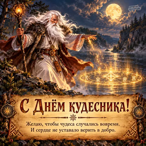 Открытка «День кудесника, желаю, чтобы чудеса случались вовремя, кудесник над рекой при полной луне»