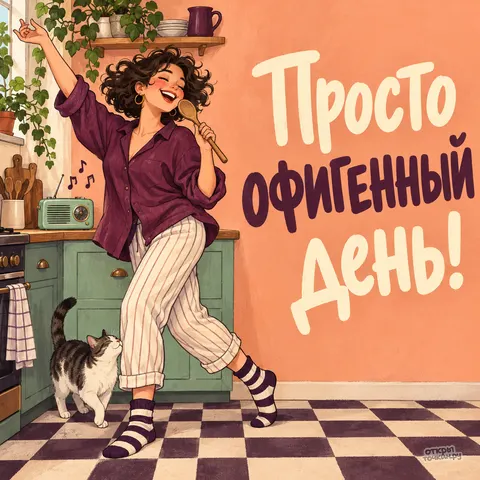 Открытка «Просто офигенный день, девушка танцует на кухне с ложкой и котом»