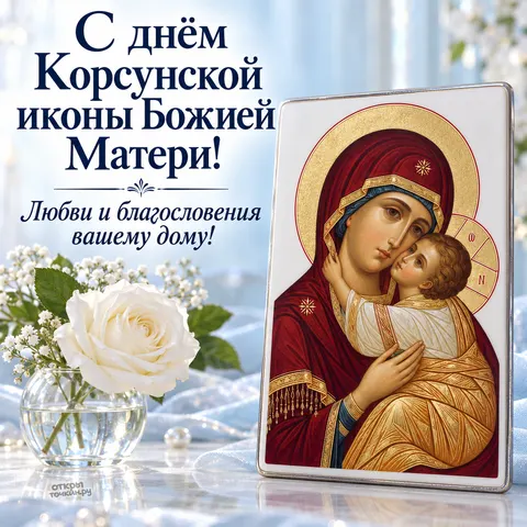 Открытка «Корсунская икона Божией Матери, с днём корсунской иконы божией матери, любви и благословения вашему дому, белая роза в вазе жемчуг и нежный свет» — Праздник Корсунской иконы Божией Матери