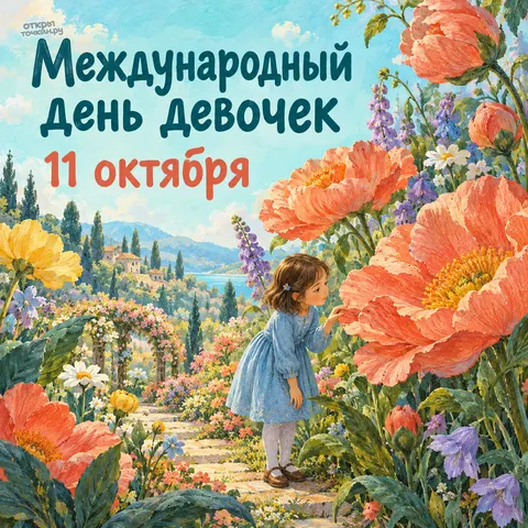 Открытка «Международный день девочек, девочка в цветочном саду» — девочка в голубом платье среди огромных оранжевых и розовых цветов