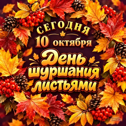 Открытка «День шуршания листьями, кленовый венок с рябиной»