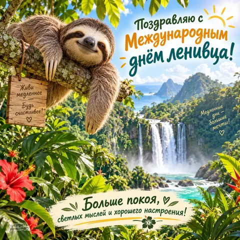 Открытка «Международный день ленивца, ленивец на ветке с табличкой на фоне водопада»