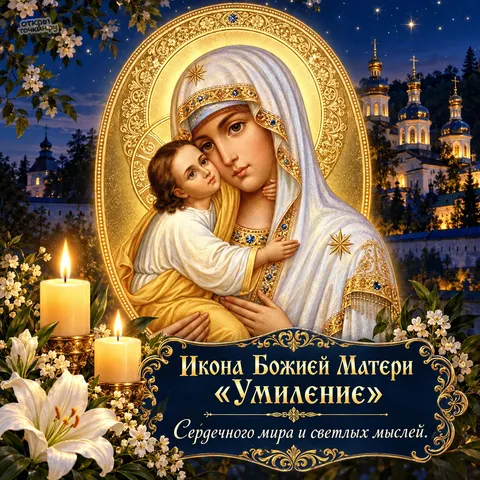 Открытка «Икона Умиление Псково-Печерская, ночной монастырь и две свечи» — Праздник Псково-Печерской иконы Божией Матери «Умиление»