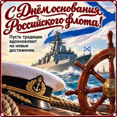 Открытка «День рождения ВМФ, корабль на море, офицерская фуражка и штурвал» — День моряка-надводника