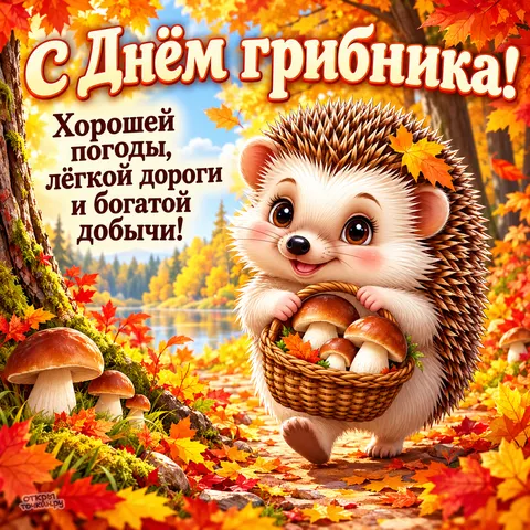 Открытка «С днём грибника и ёжик»