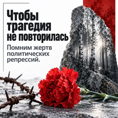 Открытка «День памяти жертв политических репрессий, красная гвоздика и ржавая колючая проволока, березовый лес в камне»