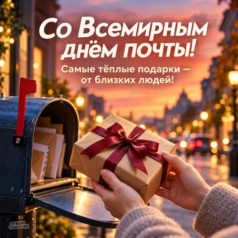 Открытка «Со Всемирным днём почты, подарок у почтового ящика на закате»