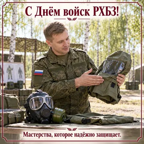 Открытка «День войск РХБЗ, военный на полигоне проверяет капюшон и противогаз на столе» — День войск радиационной, химической и биологической защиты
