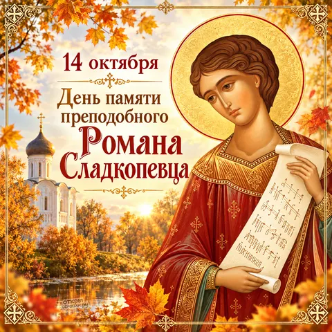 Открытка «День памяти Романа Сладкопевца, золотая осень у храма у реки, 14 октября» — День памяти преподобного Романа Сладкопевца