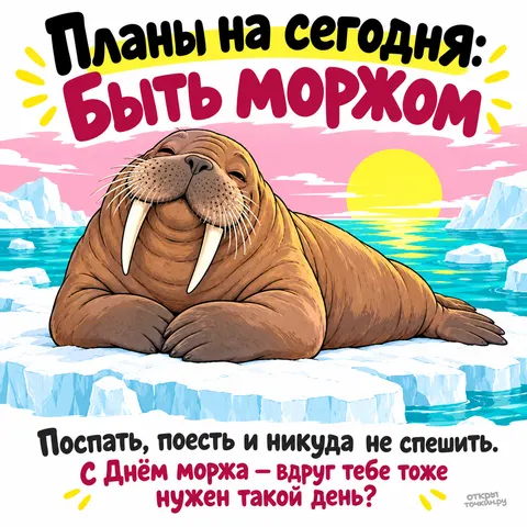 Открытка «День моржа, Морж отдыхает на льдине у заката»