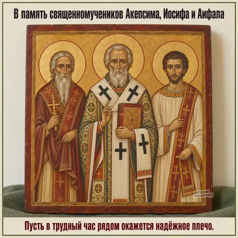 Открытка «День памяти священномучеников Акепсима Иосифа и Аифала, матовая икона трёх священномучеников на зелёной ткани»