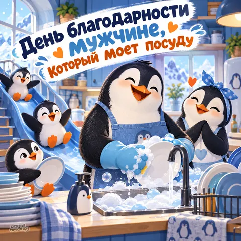 Открытка «День благодарности мужчине, который моет посуду, семья пингвинов на кухне»