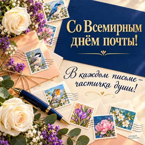 Открытка «Со Всемирным днём почты, марки, письма и белые розы»