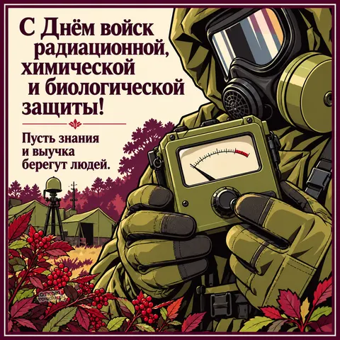 Открытка «День войск РХБЗ, боец в противогазе с дозиметром на фоне палаток» — День войск радиационной, химической и биологической защиты