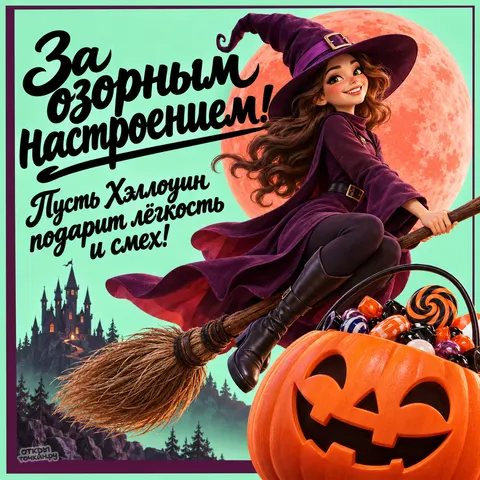 Открытка «Хэллоуин, ведьма на метле, тыква с конфетами, замок и красная луна, озорное настроение, лёгкость и смех»
