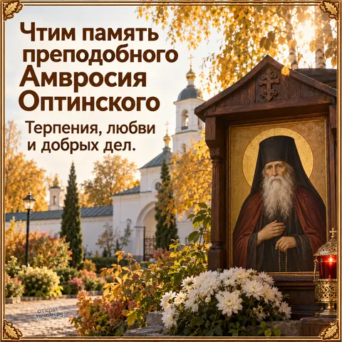 Открытка «День памяти Амвросия Оптинского, икона в киоте осенний монастырь терпения любви и добрых дел» — День памяти преподобного Амвросия Оптинского