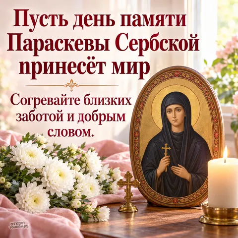 Открытка «День памяти Параскевы Сербской, домашний уголок с иконой свечой и хризантемами, согревайте близких заботой и добрым словом» — День памяти преподобной Параскевы Сербской