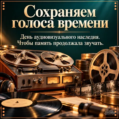Открытка «Всемирный день аудиовизуального наследия, катушечный магнитофон плёнка и наушники на столе»
