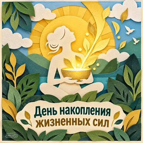 Открытка «День накопления жизненных сил, бумажная аппликация, девушка с сияющей чашей под солнцем»