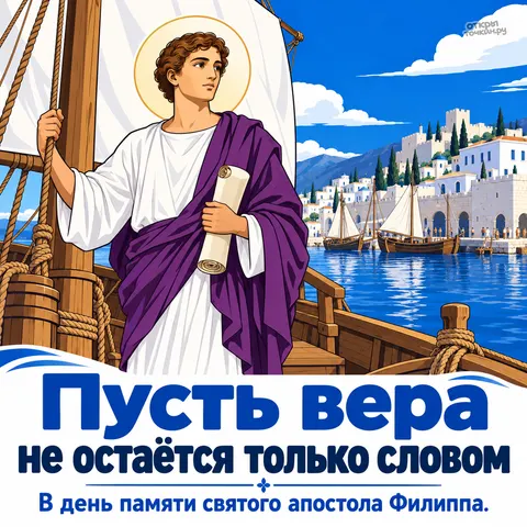 Открытка «День памяти апостола Филиппа, апостол Филипп стоит на палубе корабля у моря»