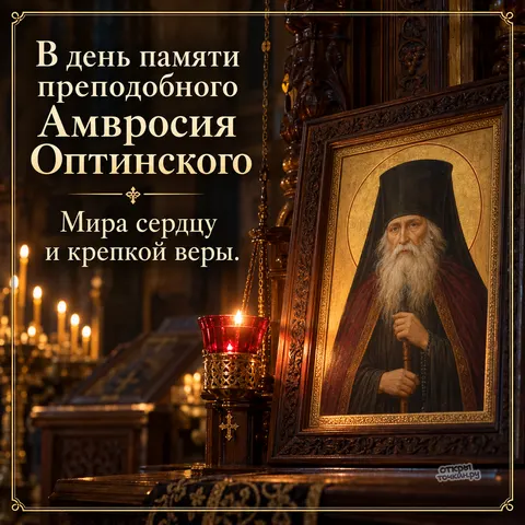 Открытка «День памяти Амвросия Оптинского, икона в храме красная лампада и свечи мира сердцу и крепкой веры» — День памяти преподобного Амвросия Оптинского
