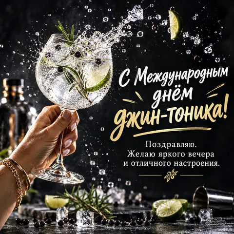 Открытка «Международный день джина с тоником, рука с бокалом и всплеск коктейля на тёмном фоне»