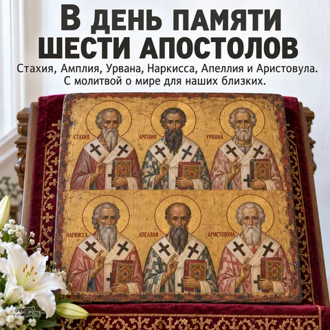Открытка «День памяти шести апостолов, икона шести апостолов на аналое с лилиями» — День памяти апостолов от 70-ти Стахия, Амплия, Урвана и прочих
