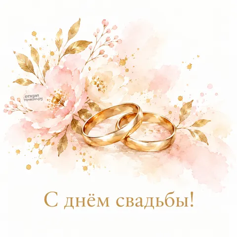 Открытка «С днём свадьбы, обручальные кольца в акварельном цветнике»