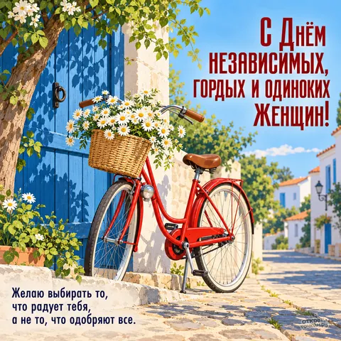 Открытка «День независимых гордых и одиноких женщин, Красный велосипед с ромашками у синей двери»